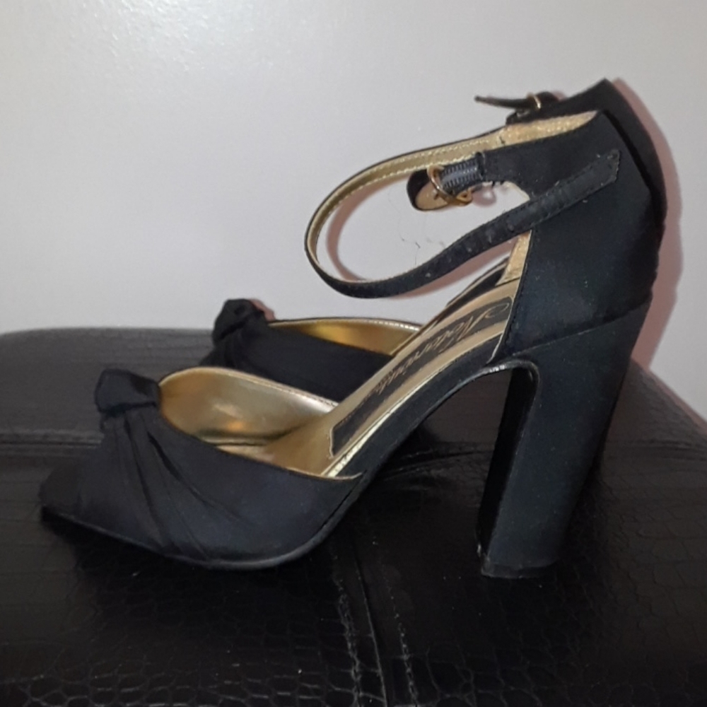 Satin Open Toe Ankle Strap Block Heel Sandal